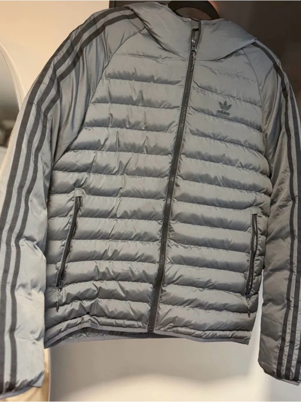 adidas Women's Gray Quilted Hooded Puffer Jacket with Three Stripes